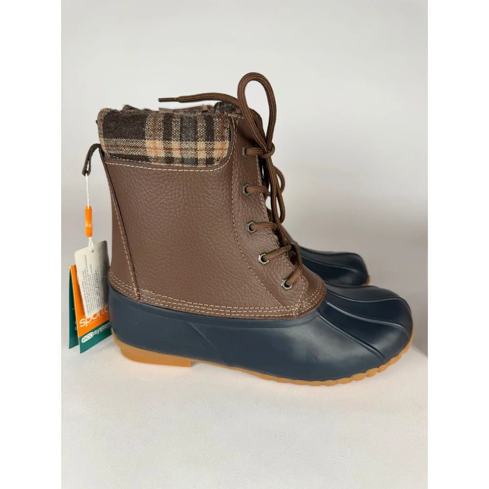 Sporto Debunk Navy Brown Plaid‎ Trim Duck Boots Womens 9M New in Box